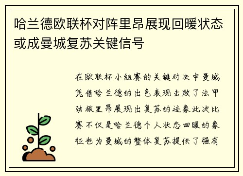 哈兰德欧联杯对阵里昂展现回暖状态或成曼城复苏关键信号 哈兰德欧联杯对阵里昂展现回暖状态或成曼城复苏关键信号